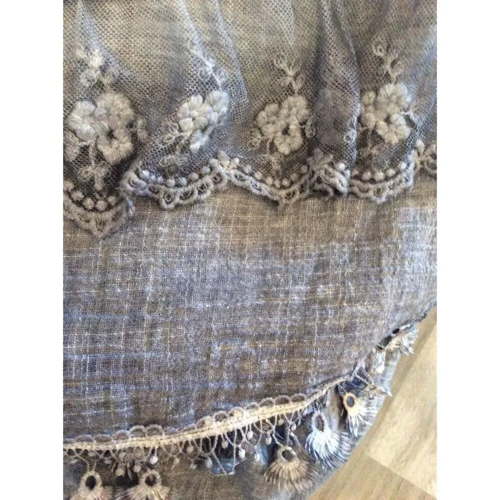 Western Denim Look Lace Linen Mix Floral Torn Edge Skirt   XL Festival Concert
